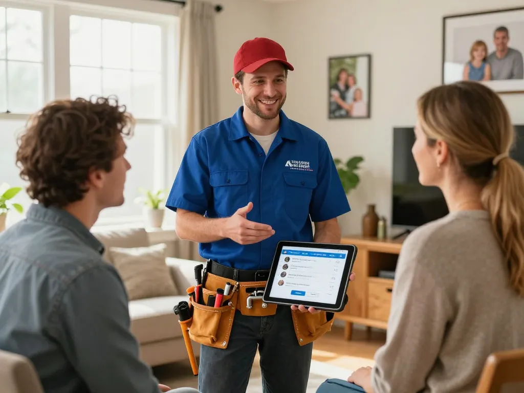 24/7 plumbing service Rapid City consultation scene with friendly plumber and couple indoors.
