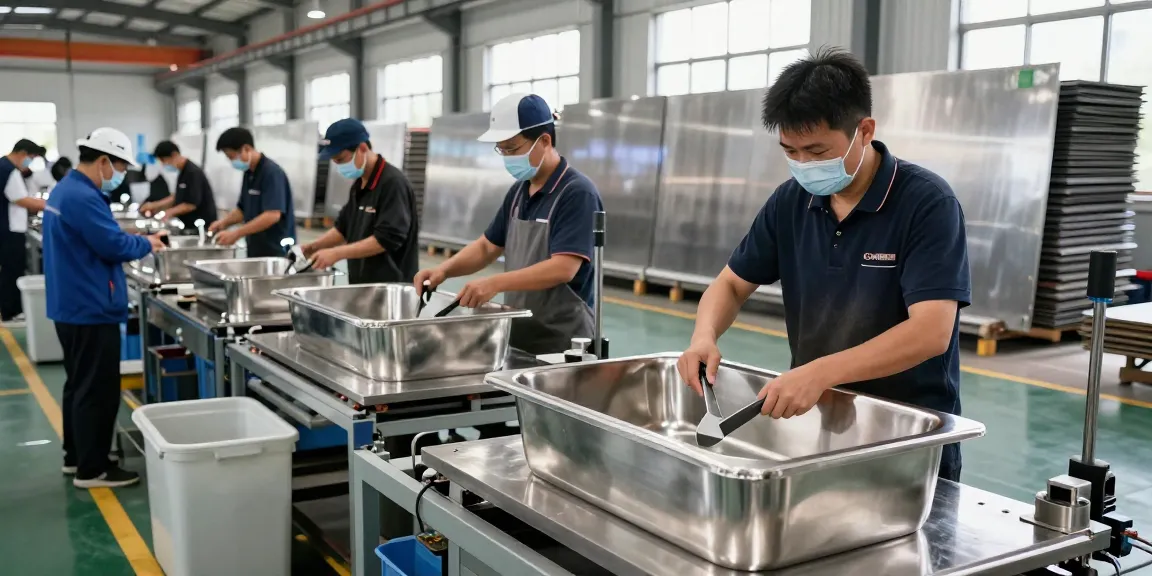 High-quality production at a stainless steel basin factory with skilled workers and machinery in action.