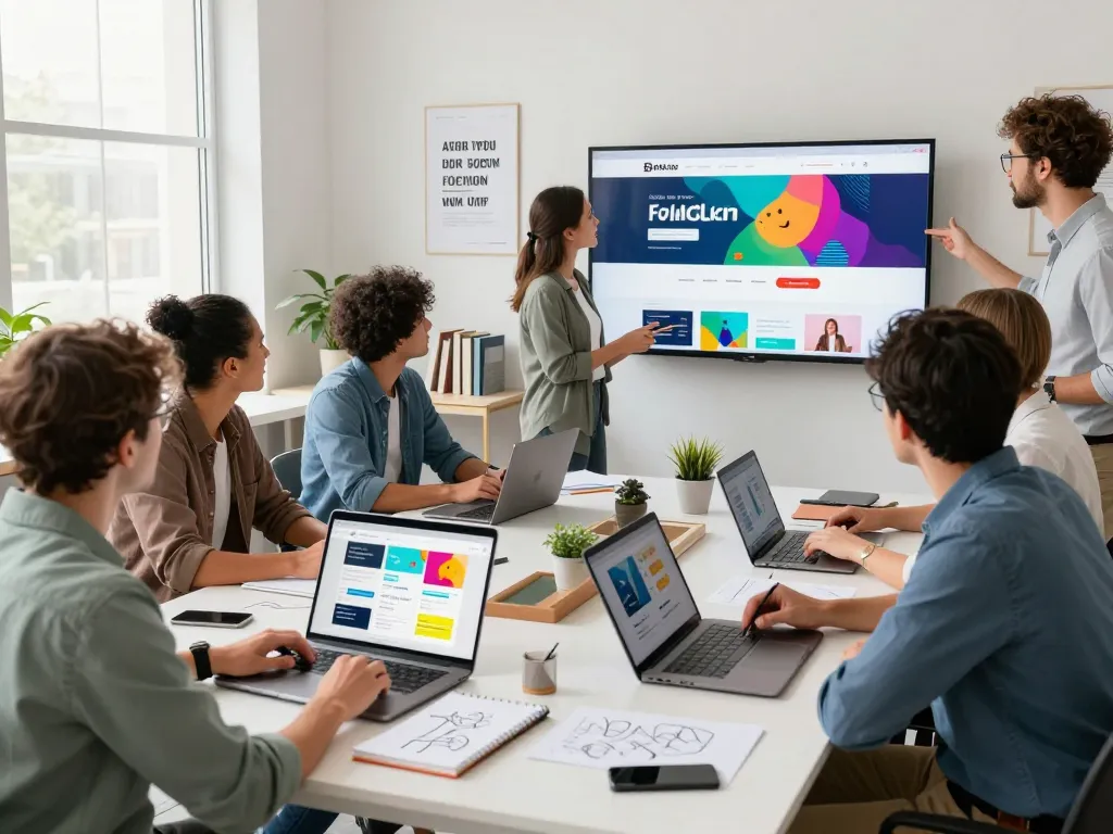Dynamic team collaboration in a modern web design studio showcasing creative brainstorming with vibrant mockups.