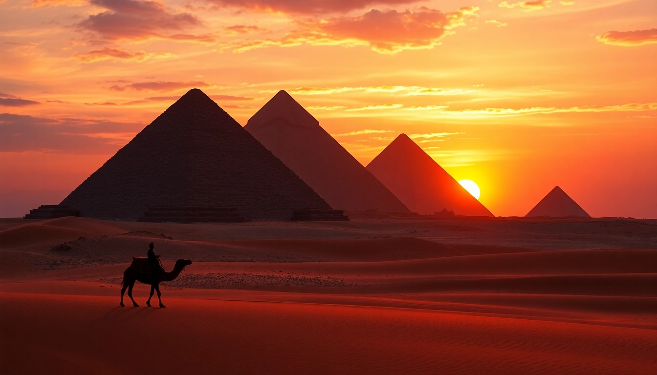Experience the grandeur of the Great Pyramids of Giza at sunset on https://piraminds.com/ showcasing a camel caravan.
