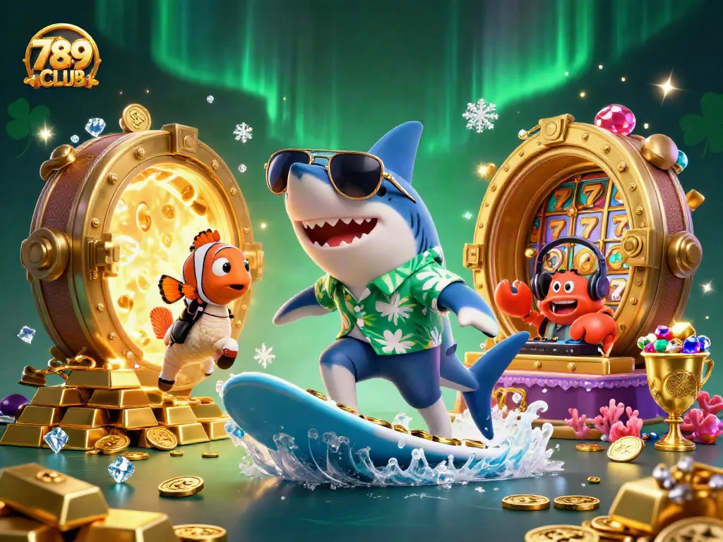 Engage with 789CLUB's exciting world as a shark surfs gold coins amongst dynamic casino elements.