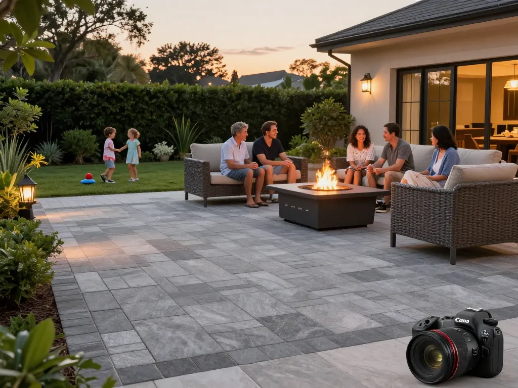 Pavers near me: Elegant outdoor living space with a family enjoying a paved patio and fire pit at sunset.