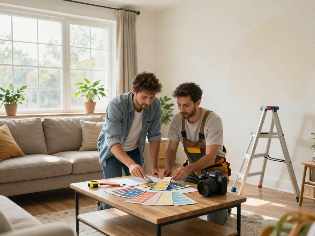 Home repair services Des Moines Iowa showcased in cozy living room with contractor and homeowner discussing renovation.