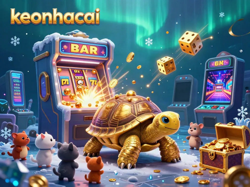 Experience a thrilling moment at the keonhacai casino with a golden tortoise pinball machine, vibrant slot machines, and excited players.