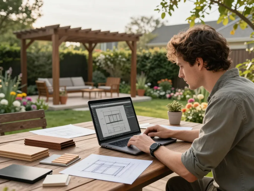 Designer using pergola configurator software outdoors amidst material samples and garden.