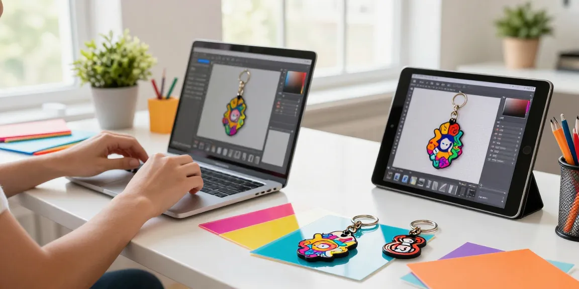 Creating personalized keychains with vibrant designs in a colorful workspace.