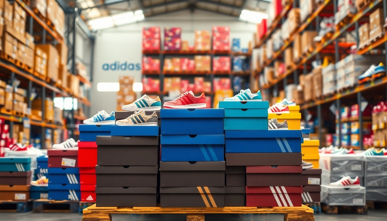 Explore the Best Adidas Shoe Pallets (100 Pairs) organized in a vibrant warehouse setting.
