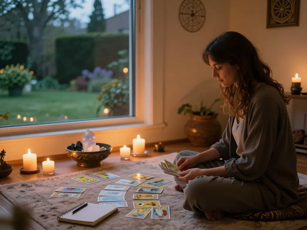 Explore why do I attract emotionally unavailable partners during a calming spiritual session filled with tarot cards and candles.