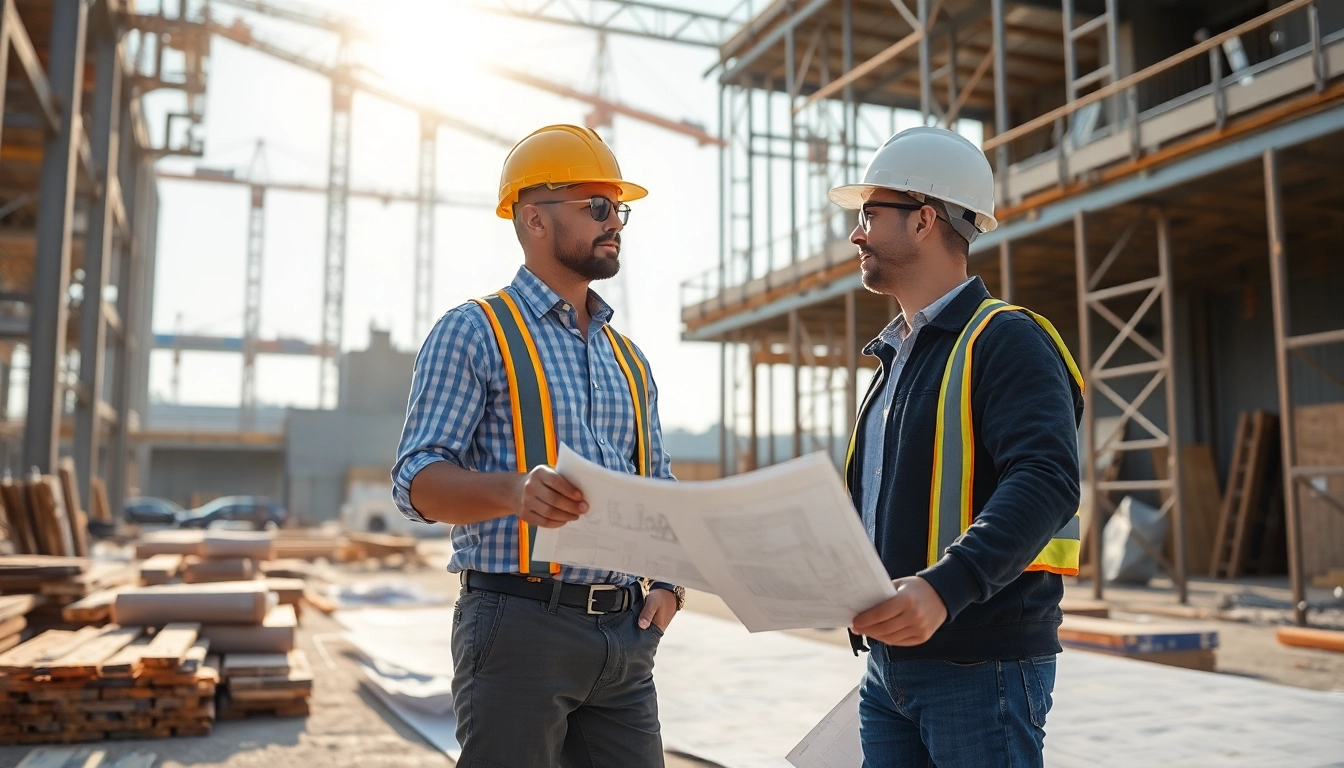 New Jersey Commercial General Contractor overseeing a construction site with blueprints.
