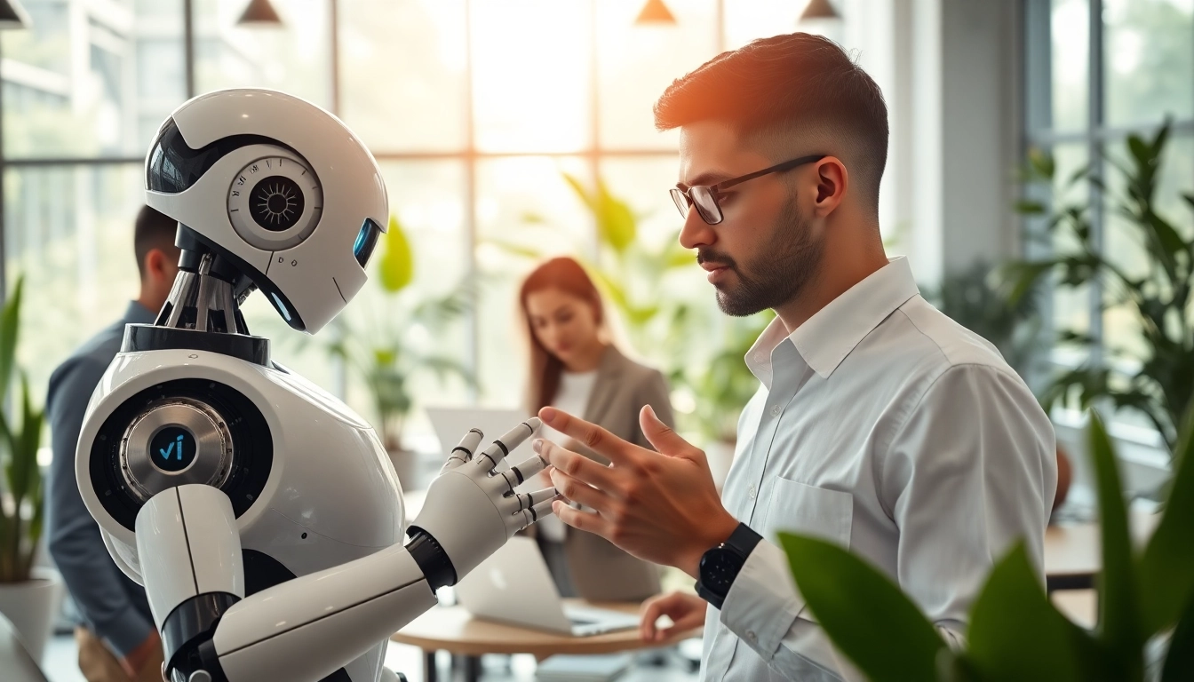 AI Employee assisting team members in a modern office environment, showcasing collaboration and tech integration.
