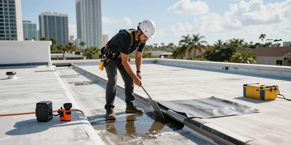 Flat roof repair expert inspecting TPO roofing in Tampa, highlighting issues and solutions, focusing on https://avatarroofing.com/residential-roofing-tampa/roof-repair-tampa/flat-roof-repair-tampa/.
