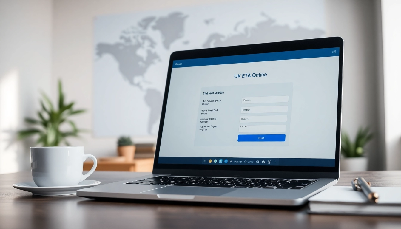 Complete the uk eta online application on a sleek laptop in a professional workspace.
