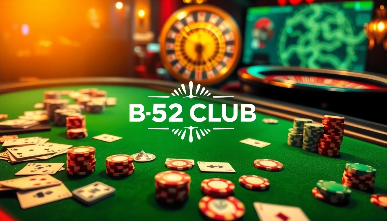 B52 CLUB at an exciting casino table with poker chips and playing cards in action.