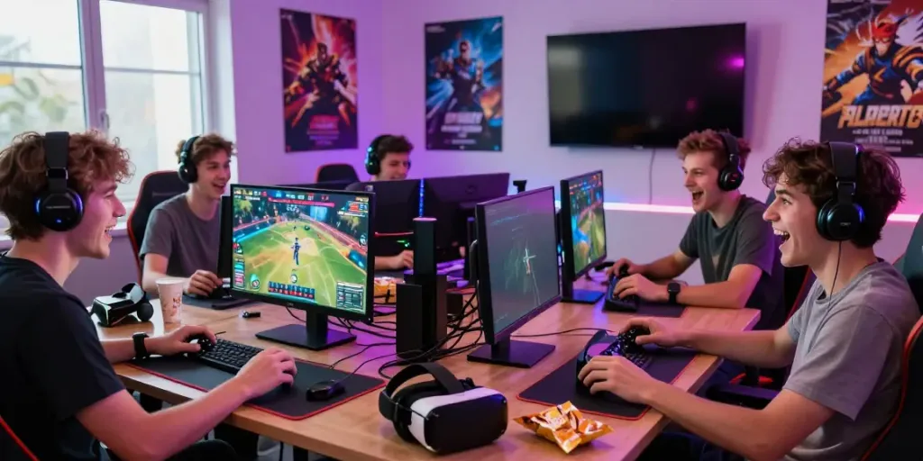 Players enjoying a vibrant gaming session with da88 games in a colorful setup, showcasing excitement and teamwork.