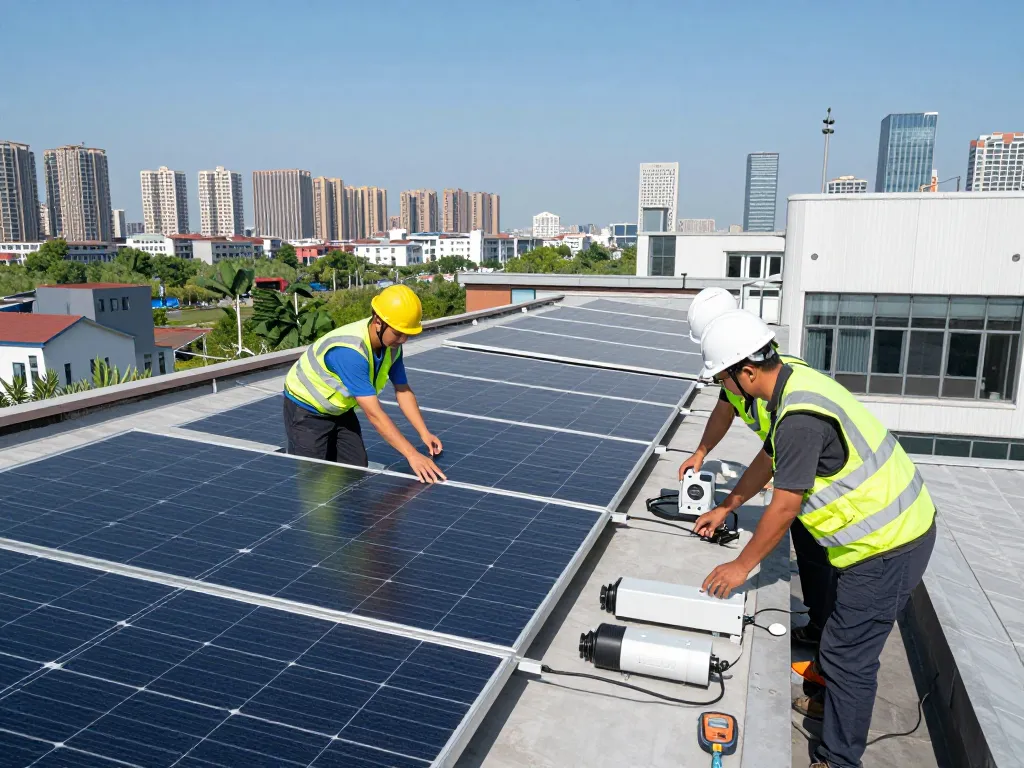 Contract PPA pentru energie solară installation on rooftop with solar panels being installed by professionals.