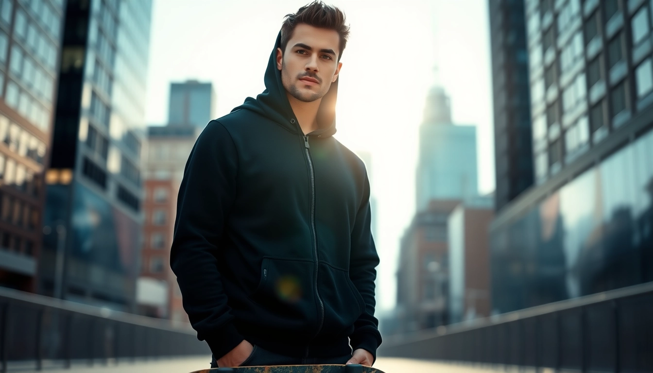 Model showcasing a black zip up hoodie in an urban setting with a skateboard.
