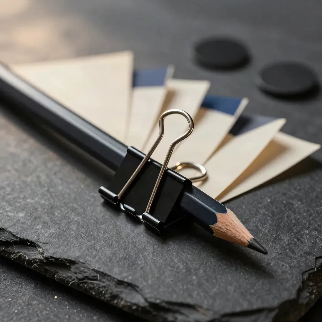 Macro still life of a pencil, binder clip, and page flags on charcoal stone