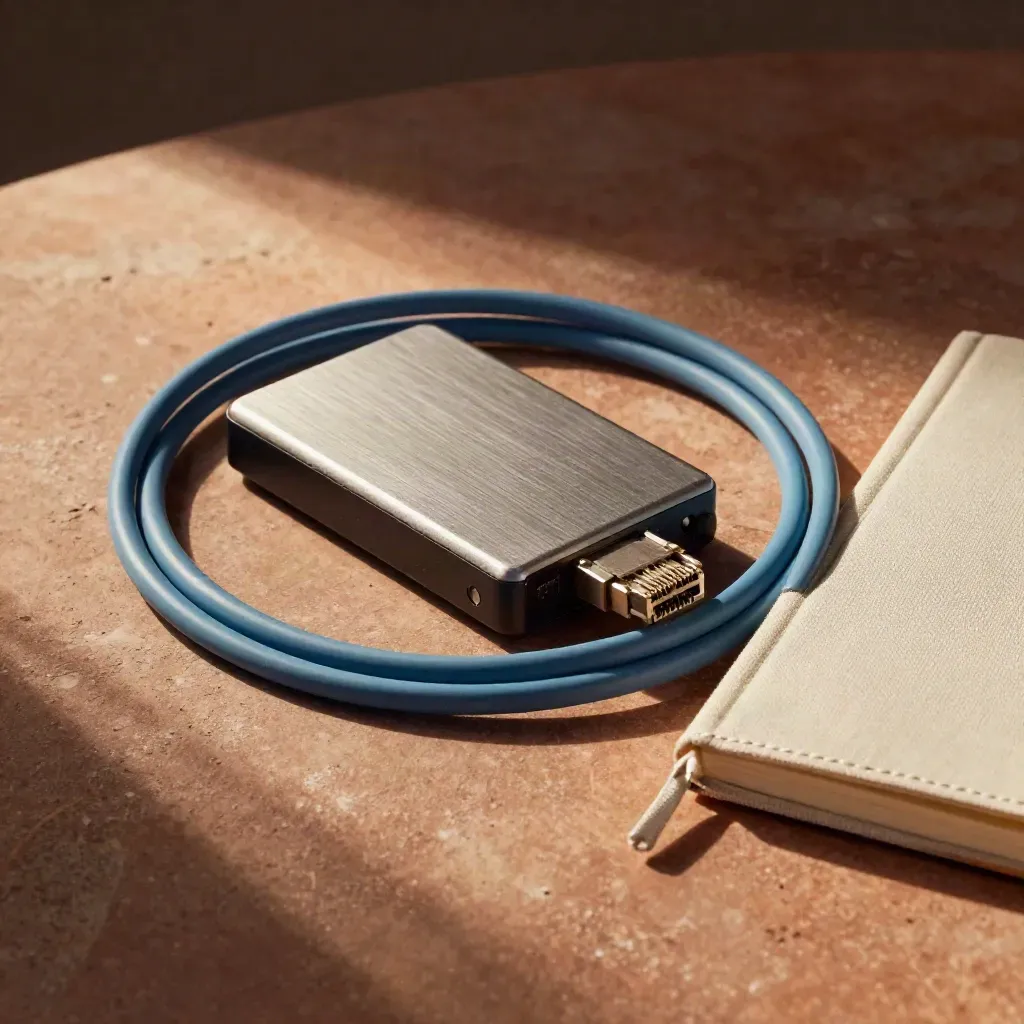 Backup drive, blue ethernet cable, and closed notebook on warm stone with dramatic light.