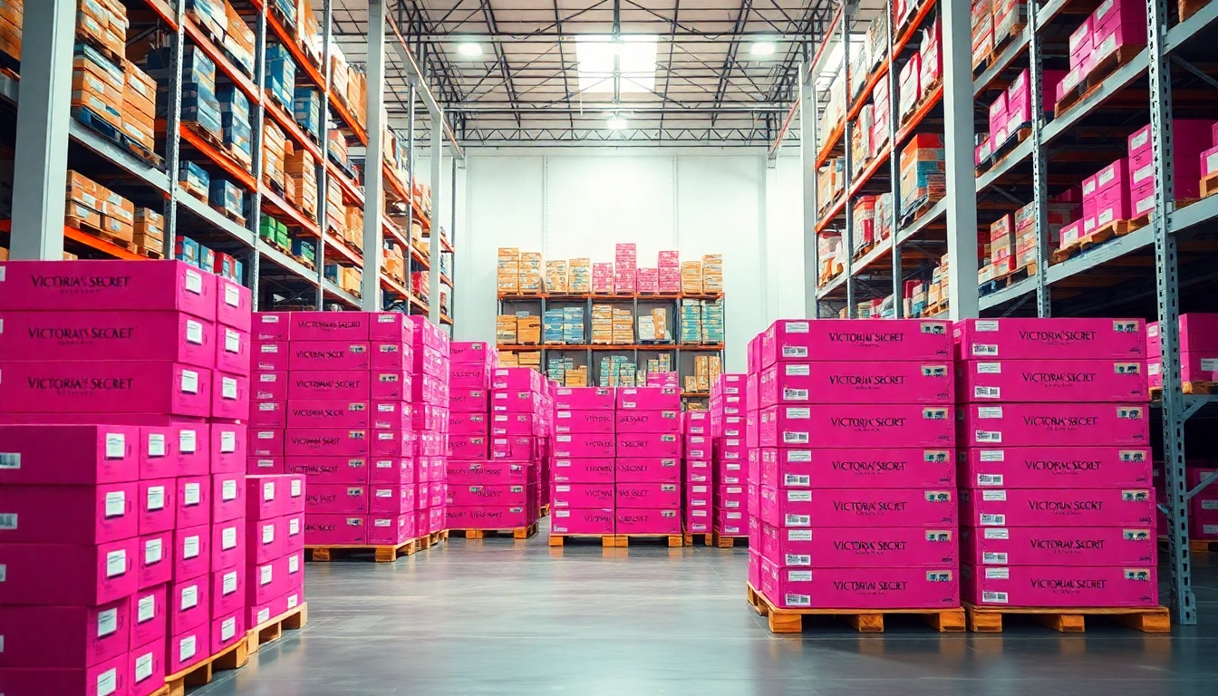 Showcase of Victoria’s Secret Pallets in a bright warehouse setting, highlighting product variety.