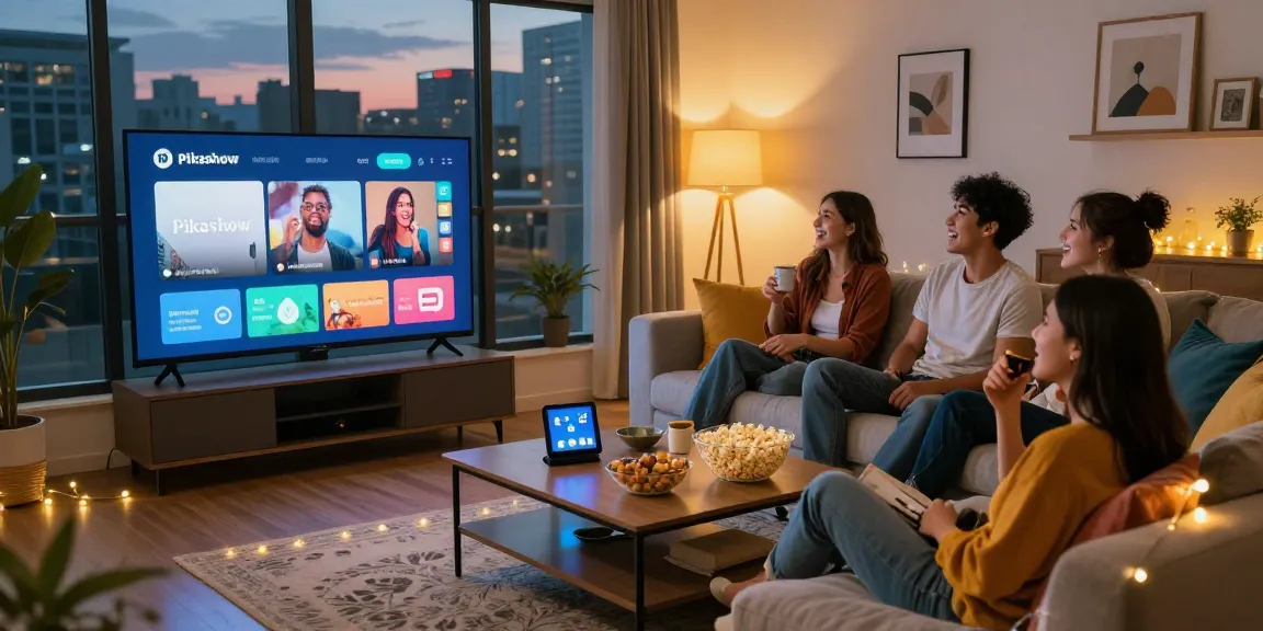 Friends enjoying a movie night using Pikashow in a cozy living room