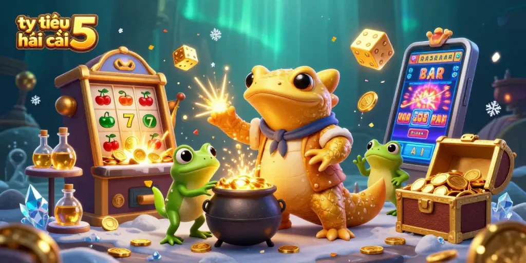 Engaging scene showcasing tỷ lệ kèo nhà cái 5 with alchemist and slot machine elements in a magical setting.