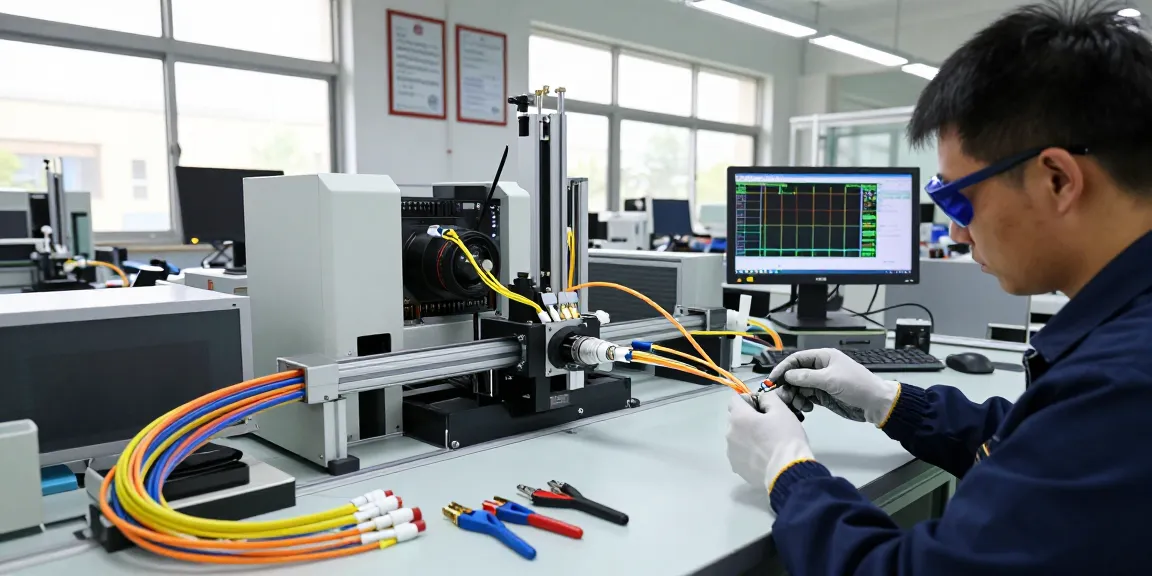 Expert technician connecting fiber optic connectors in a cutting-edge assembly plant.