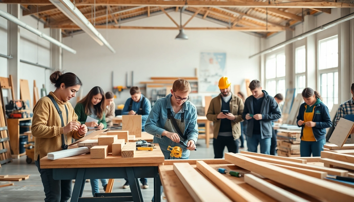 Students participating in engaging construction classes in a well-lit workshop environment.