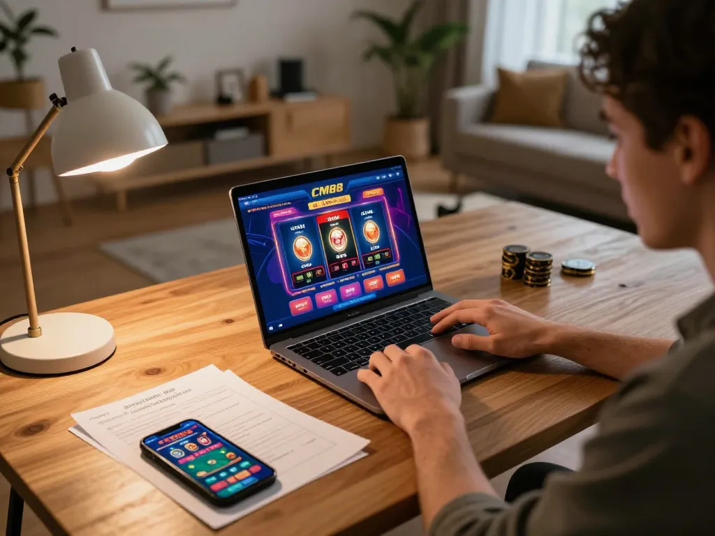 CM88 player strategizing online poker with vibrant interface and cozy home setting