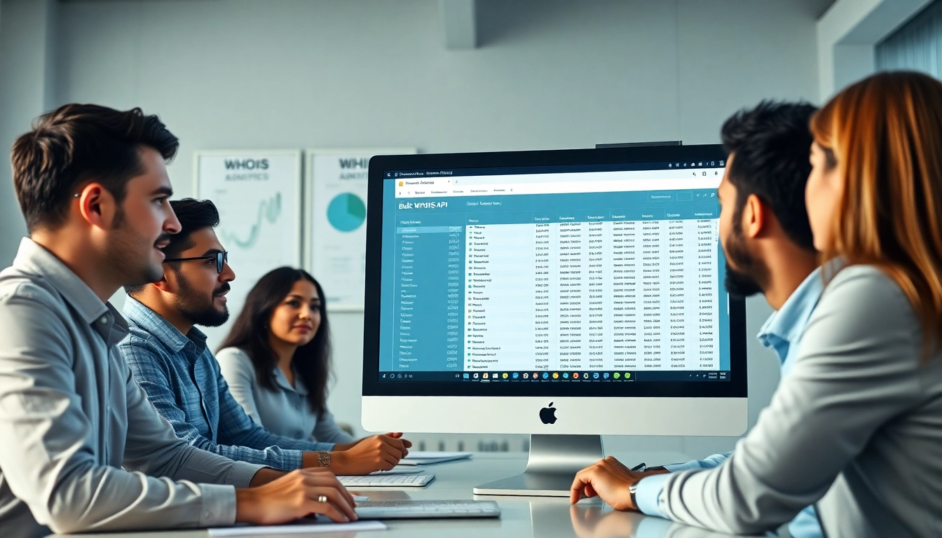 Explore bulk whois api features with professionals analyzing data in a modern office.