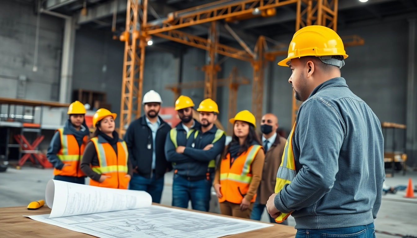 New Jersey Commercial General Contractor supervises workers at an active construction site with blueprints.