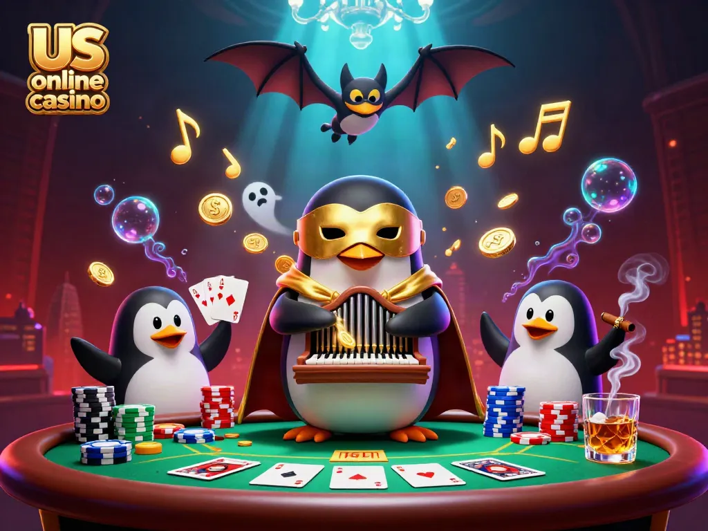 Experience the excitement at us online casino with a dynamic 3D scene featuring a phantom penguin, poker elements, and ghostly notes.