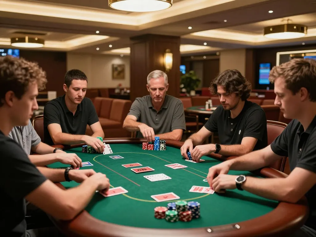 Players engaged in a high-stakes game at CM88 poker table, showcasing strategic gameplay and competitive atmosphere.