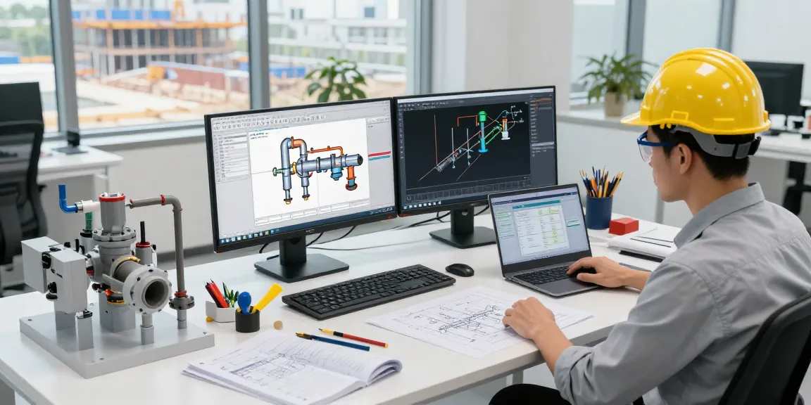 Plant 3D spools generation in a modern engineering workspace with an engineer using CAD software.