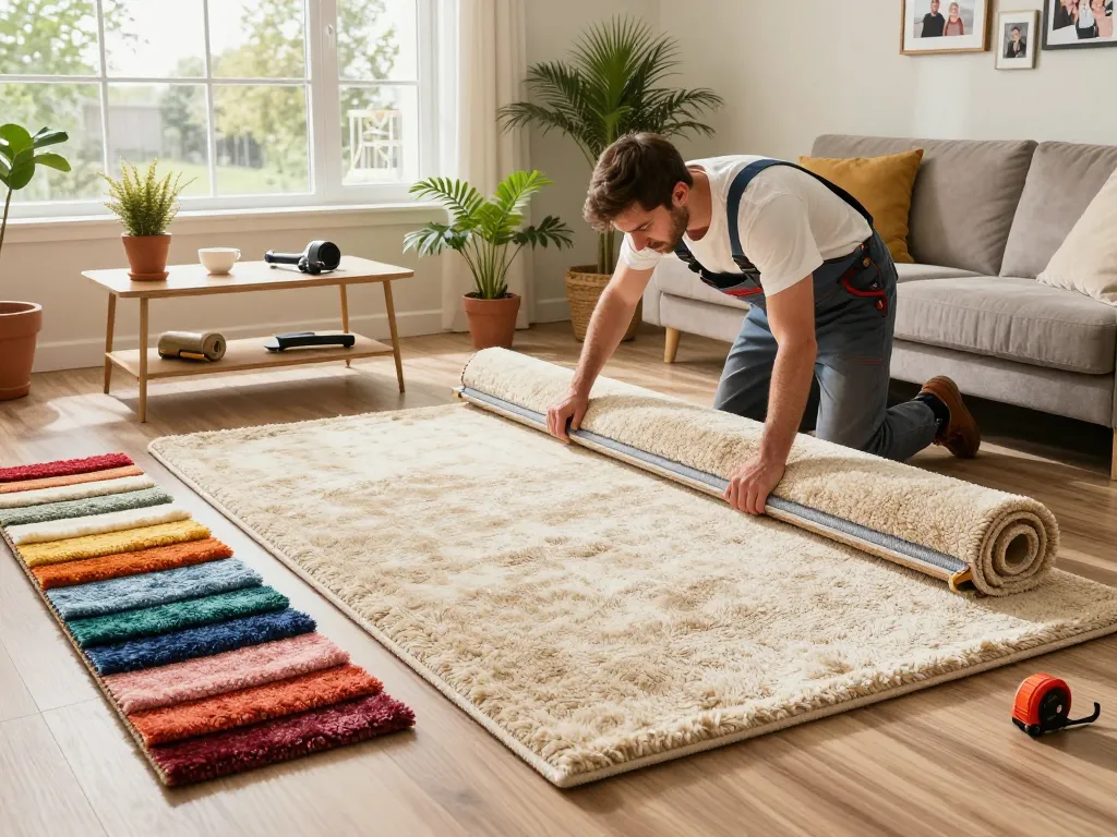 Carpet fitters near me installing plush carpet in a bright living room, showcasing vibrant carpet samples and professional tools.