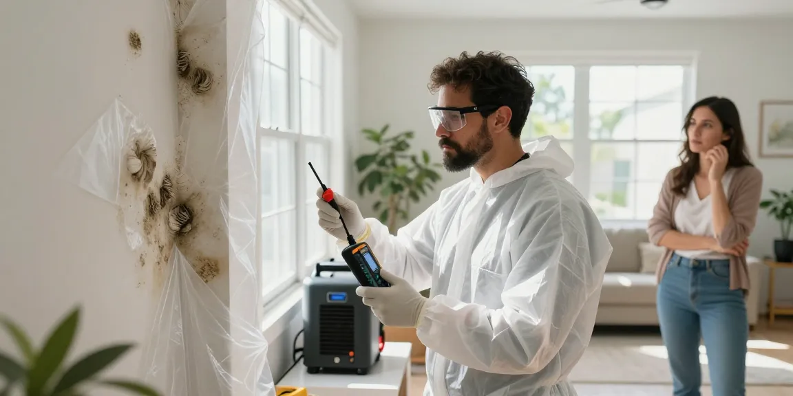 Mold remediation in Fort Lauderdale with a technician inspecting a home for mold damage, showcasing advanced equipment and a safe environment.
