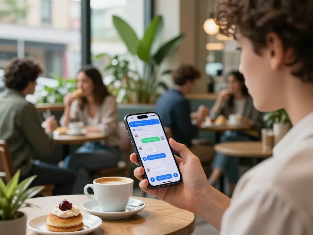 AI slut chatbot conversation in a vibrant café setting, showcasing modern tech interactions.
