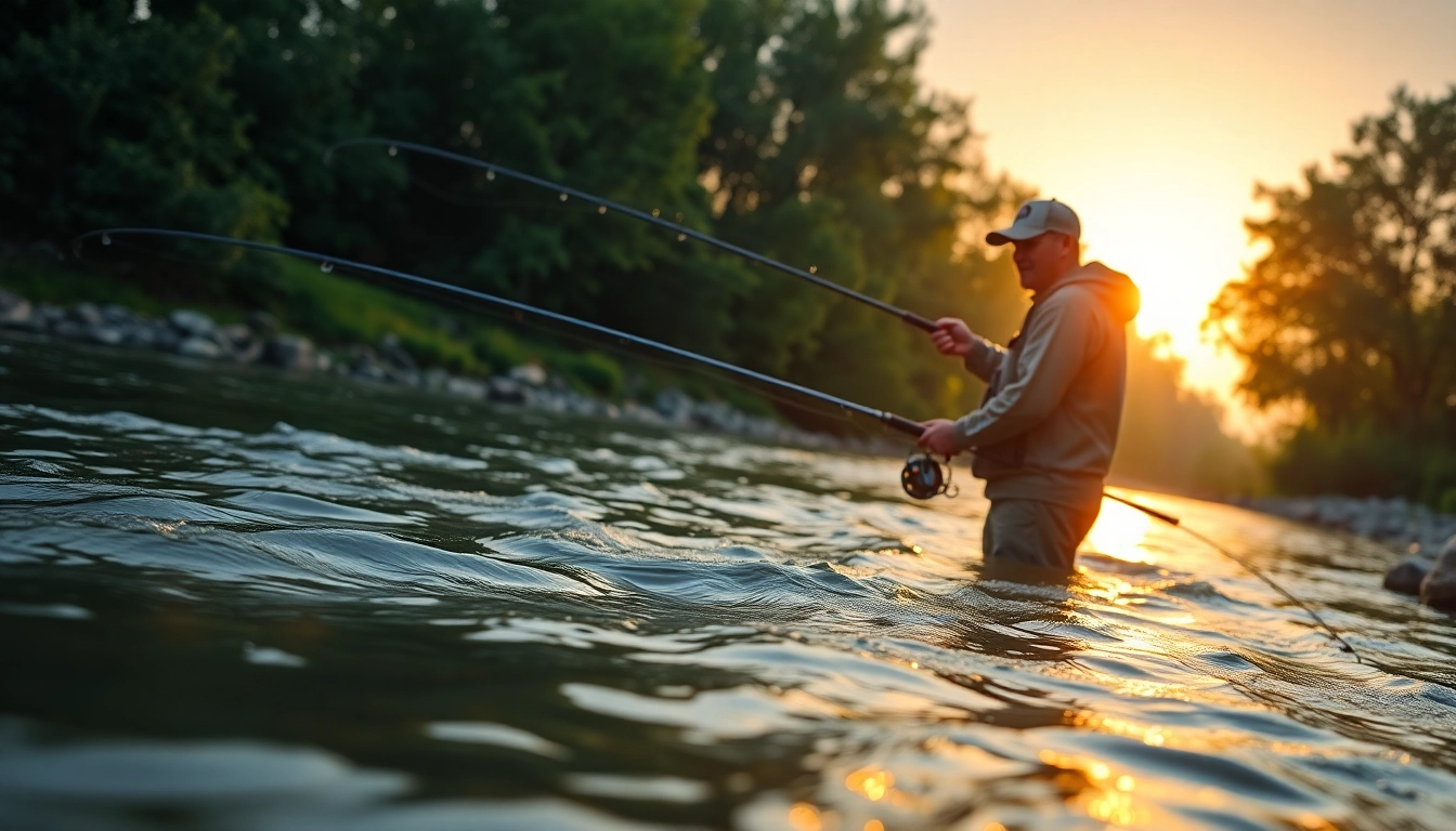 Angler fishing with the best fly fishing rods during sunset at a tranquil river.