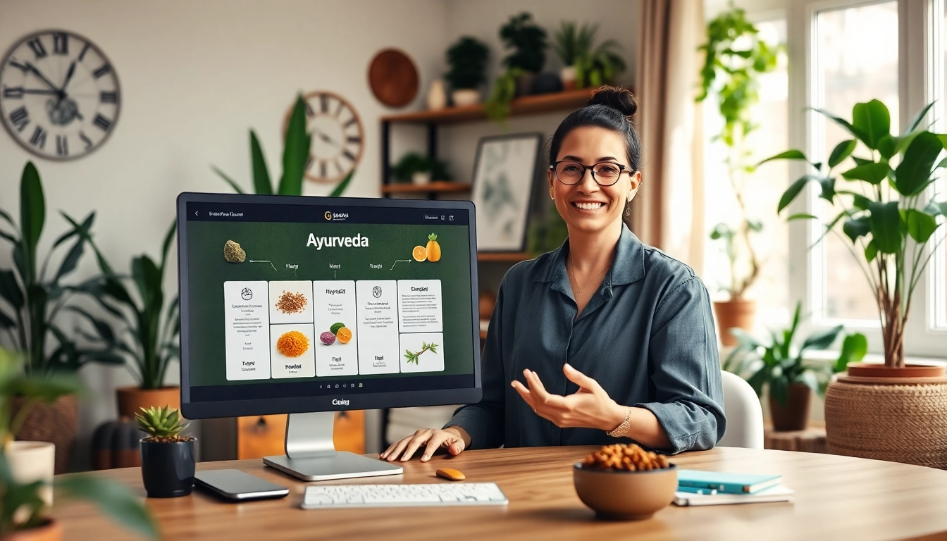 Engaging Ayurveda online courses featuring a wellness expert in a tranquil home office.