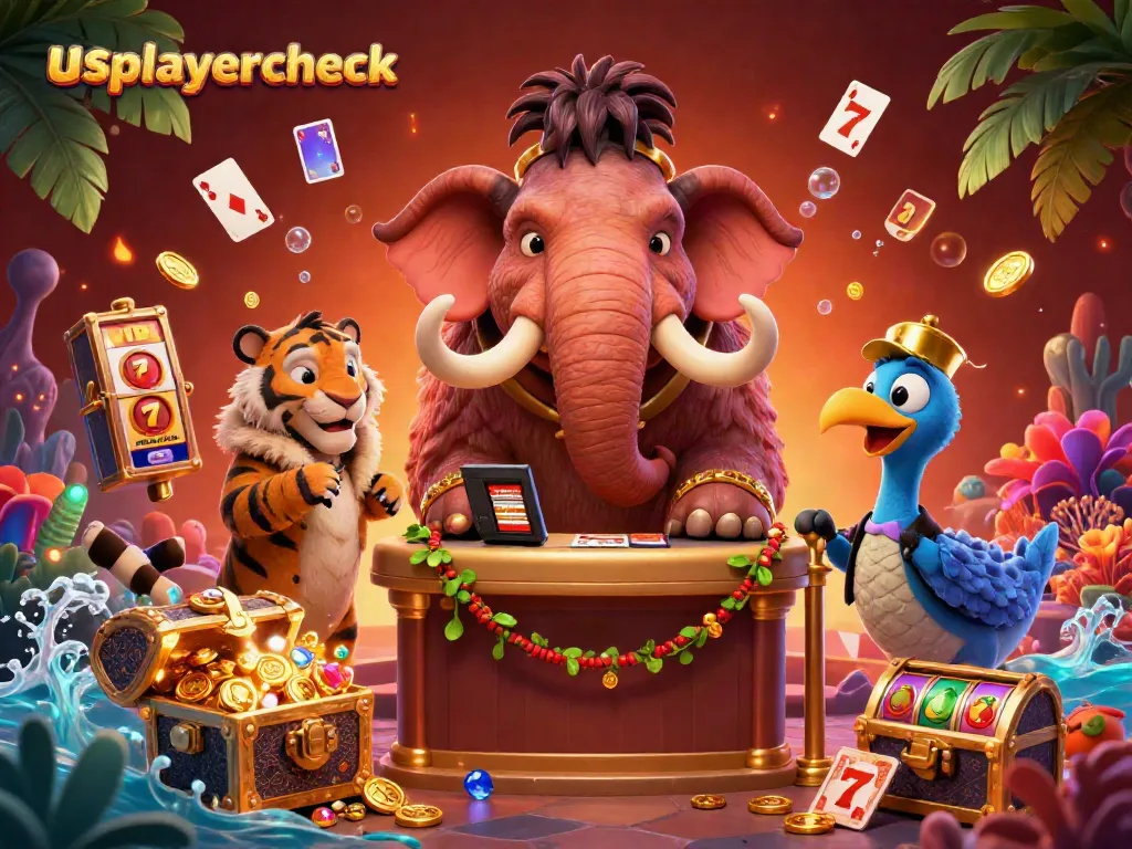 Experience big wins with usplayercheck at the vibrant casino scene featuring a woolly mammoth bouncer and colorful game elements.