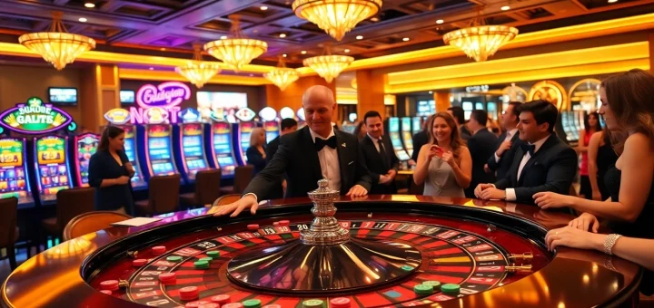 Players excitedly gamble at a vibrant casino featuring roulette and online interfaces of https://rr8888.in.net/.