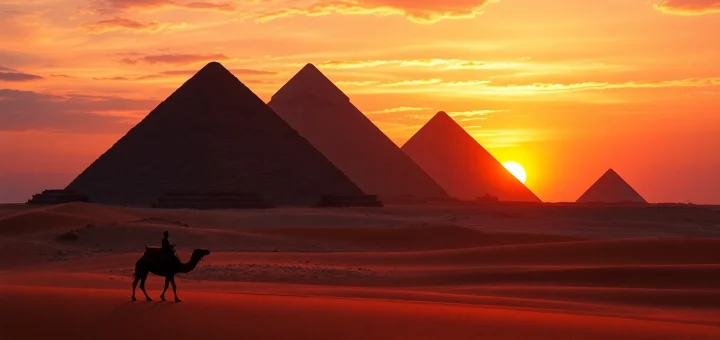 Experience the grandeur of the Great Pyramids of Giza at sunset on https://piraminds.com/ showcasing a camel caravan.
