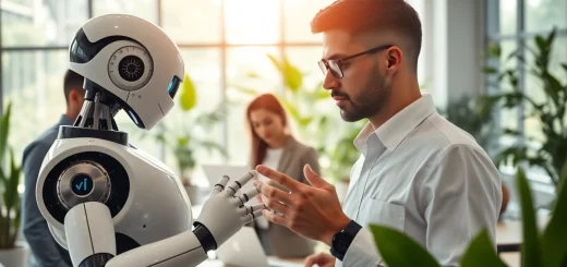 AI Employee assisting team members in a modern office environment, showcasing collaboration and tech integration.