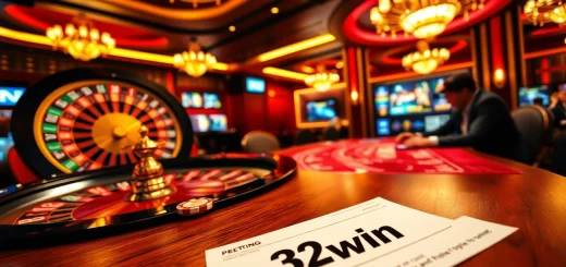 Engaging scene of enthusiastic players at a 32win casino table, featuring roulette and poker elements.