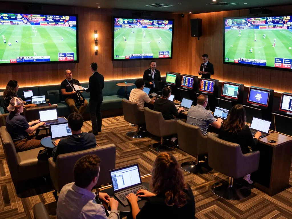 Tỷ lệ kèo nhà cái hôm nay displayed on large screens in a bustling sports betting lounge.