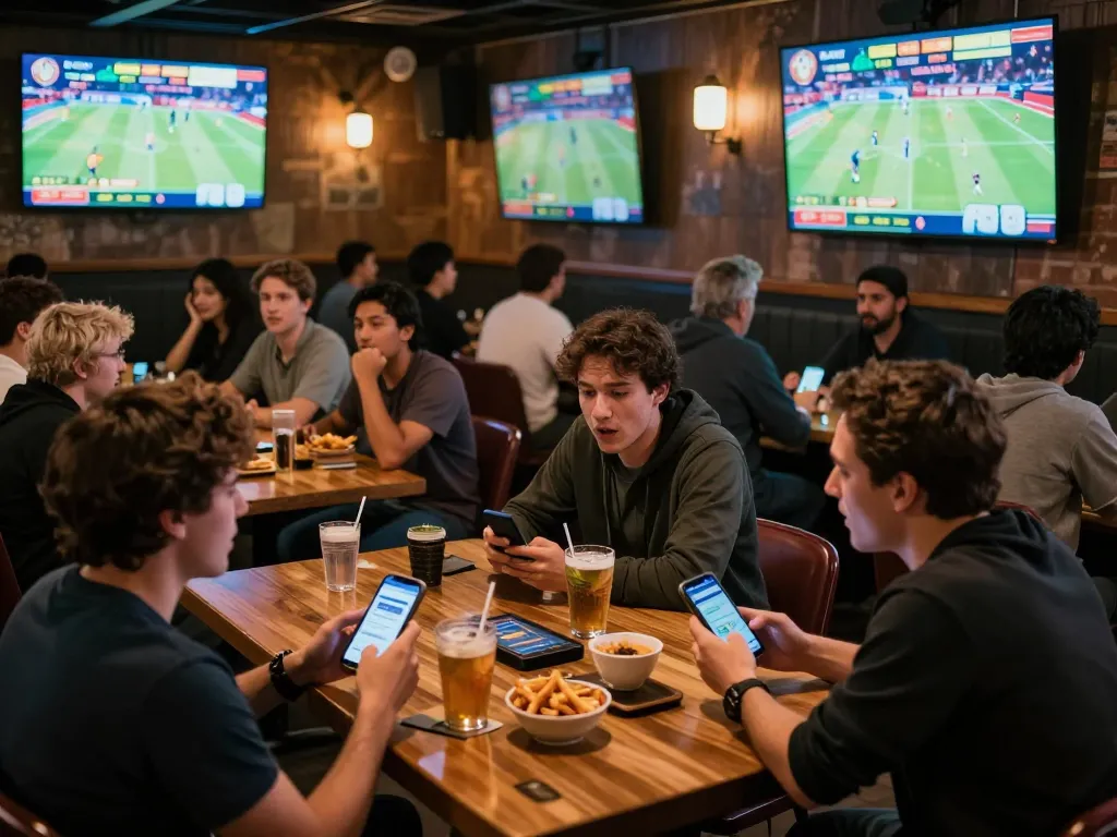 Soi kèo action in a lively sports bar with fans placing bets on their smartphones during a match.